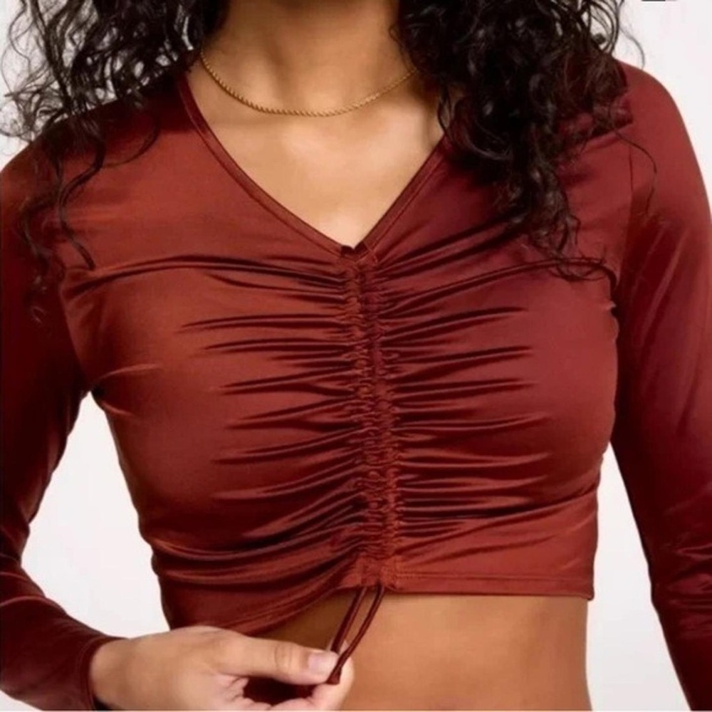 CALIA Women's Long Sleeve Ruched Swim Rash Guard Rust Lycra Shirt UPF 50 Brown